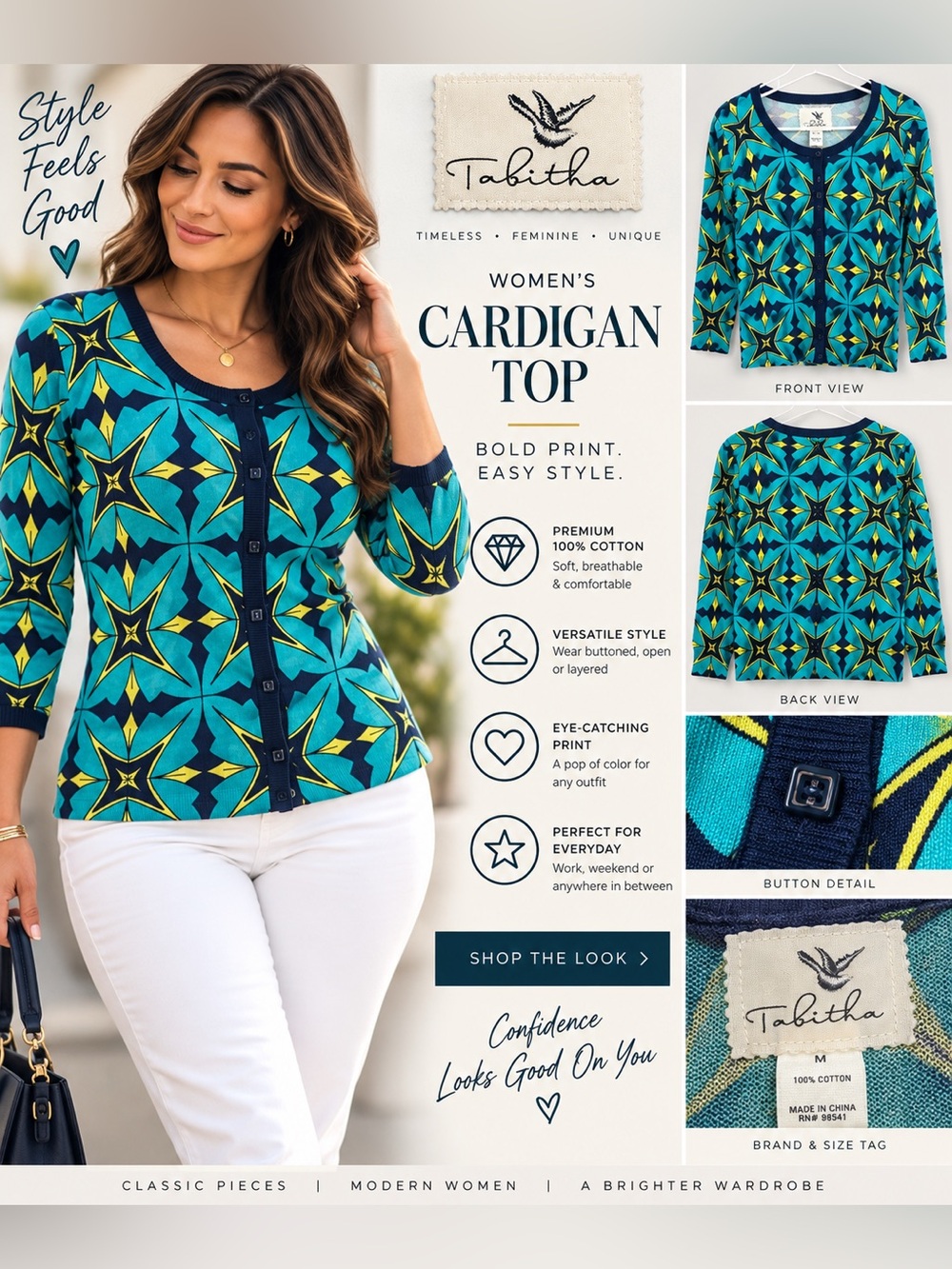 Tabitha Women’s Turquoise & Navy Printed Cardigan Top size medium